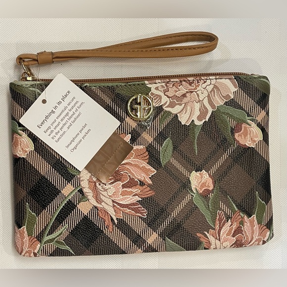 Giani Bernini Holiday Plaid Floral Wristlet Green Plaid Pouch - Picture 5 of 8